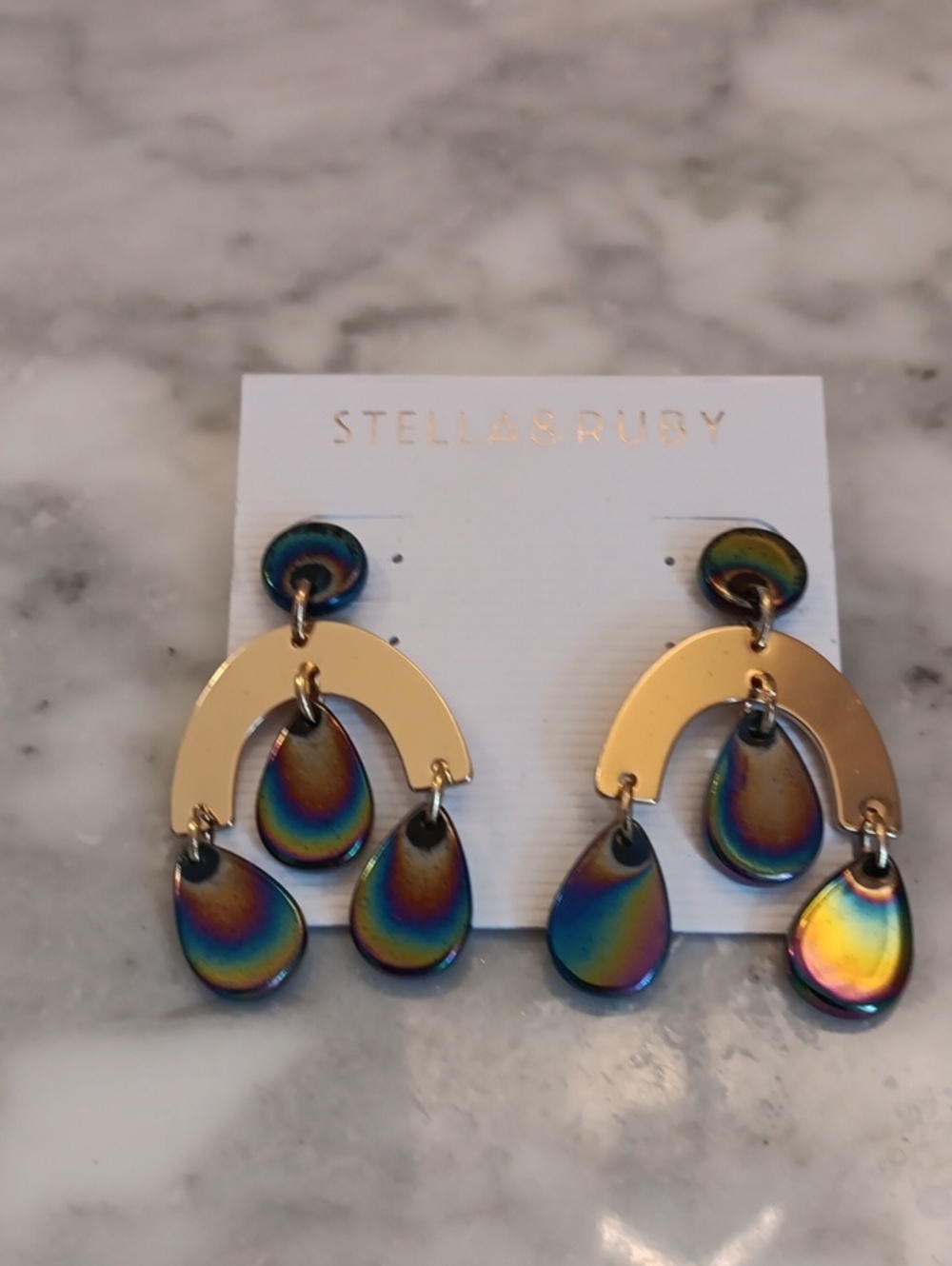 Stella & Ruby Iridescent Blue Teardrop Arch Dangle Gold Tone Boho Earring New